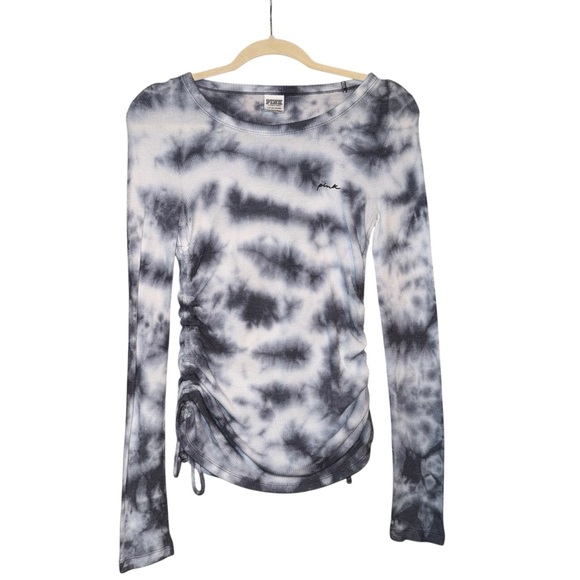 PINK Victoria’s Secret Ruched Tie Dye Waffle Knit Long Sleeve Shirt Blue Sz Sm - Picture 1 of 12